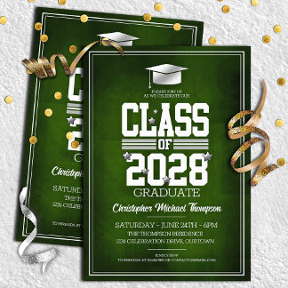 School Colours Green | Silver Graduation Party Invitation