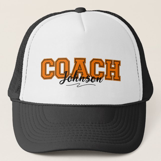 School Colours Personalized Coach-Orange and Black Trucker Hat (Front)
