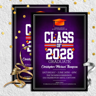 School Colours Purple and Orange Graduation Party Invitation