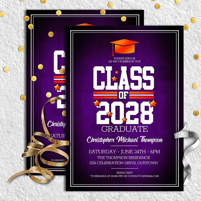 School Colours Purple and Orange Graduation Party Invitation (Creator Uploaded)