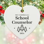 School Counsellor First Christmas Ceramic Ornament<br><div class="desc">First Christmas as a school counsellor heart ornament. Elegant porcelain ceramic holiday ornaments in white with black lettering. Featuring Christmas trees and stars.</div>