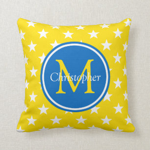 School Days Yellow and Blue Stars Monogram Throw Pillow