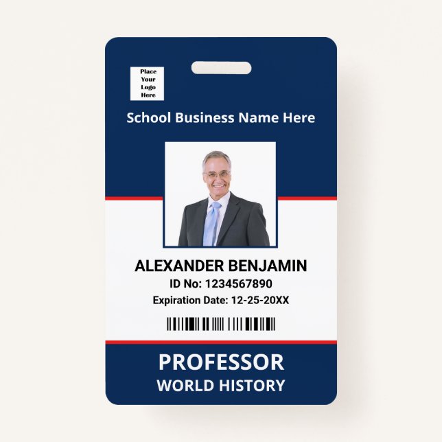 School Employee Photo Bar Code Name Custom   Badge (Front)