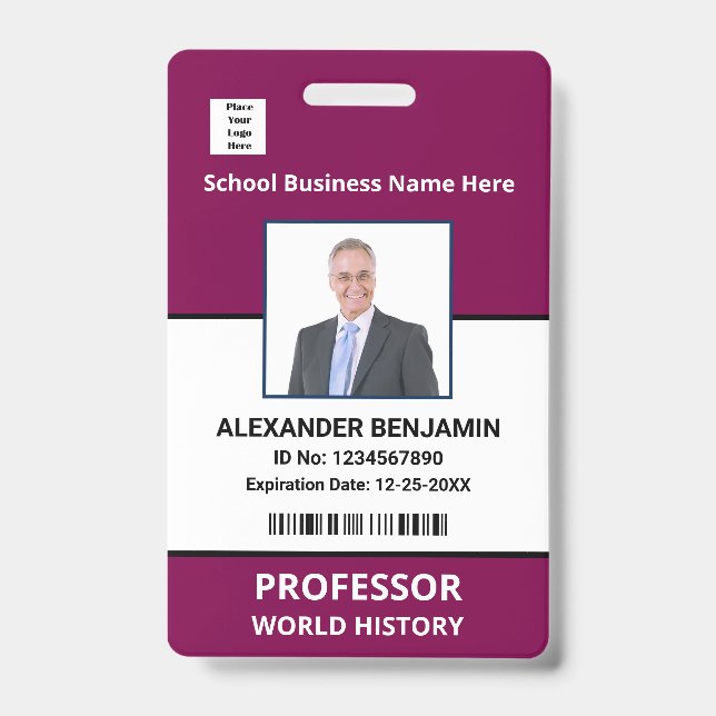 School Employee Photo Bar Code Name Custom   Badge (Front)