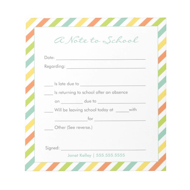 School Excuse Notepad, Rainbow Stripes Notepad (Front)