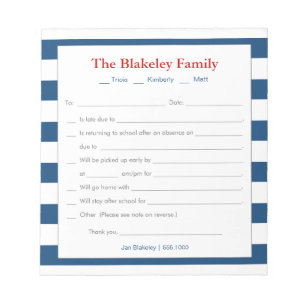 School Excuse Personalized, Blue Stripes Notepad