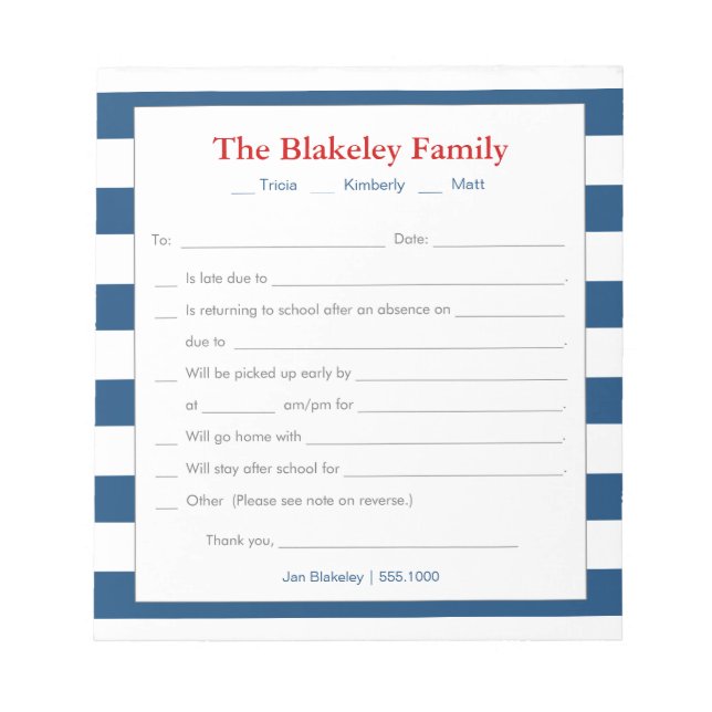 School Excuse Personalized, Blue Stripes Notepad (Front)
