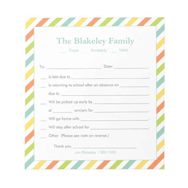 School Excuse Personalized, Rainbow Stripes Notepad (Front)