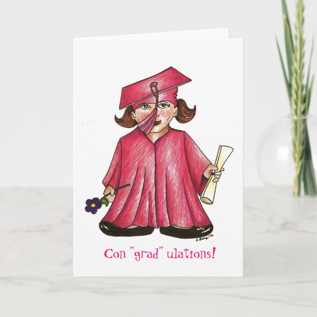 School Graduation Pink Cap Gown Diploma Graduate Card (Front)