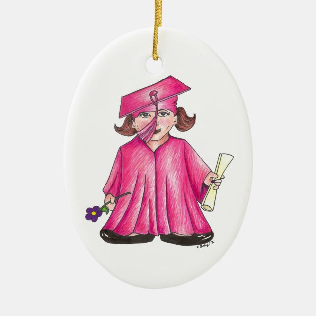 School Graduation Pink Cap Gown Diploma Graduate Ceramic Ornament (Front)