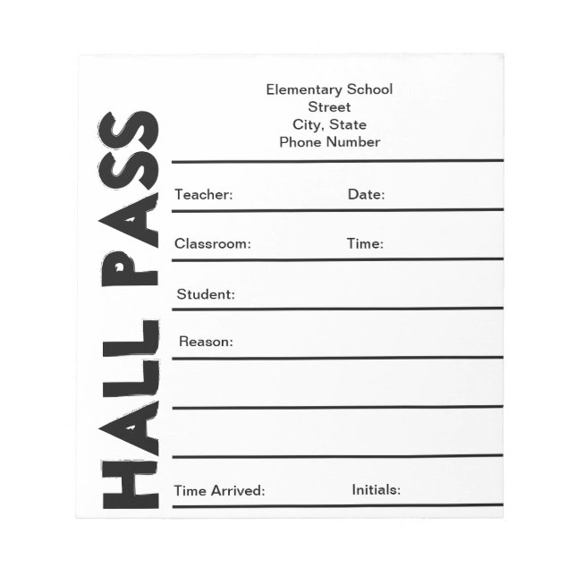 School Hall Pass Notepad (Front)