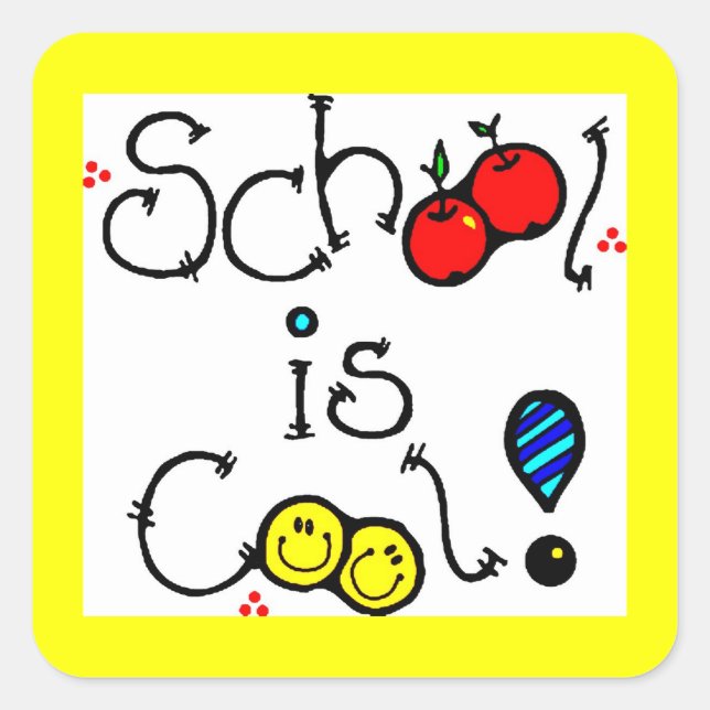 SCHOOL IS COOL FUN COLOURFUL HAPPY FACES APPLES SQUARE STICKER (Front)