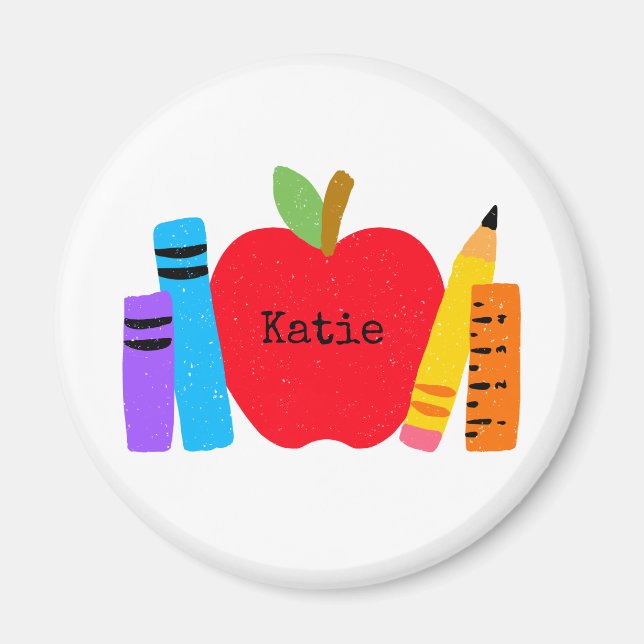 School Kids Teacher NAME Apple Books Pencils Fun Magnet (Front)