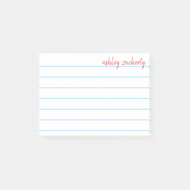 School Lined Paper Blue with Red Script Name Post-it Notes (Front)
