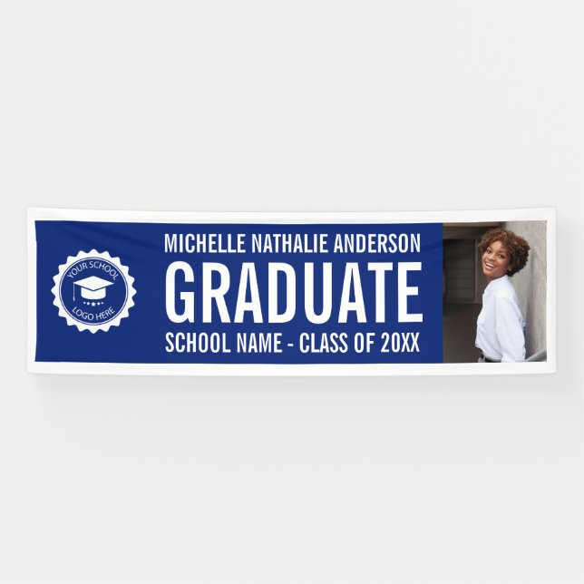 School logo Graduation Photo Party BLue White Banner (Horizontal)