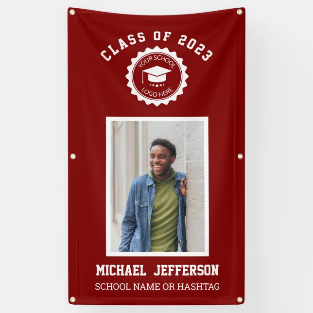 School logo or mascot Maroon Photo Graduation Banner (Vertical)
