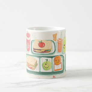 school lunch tray illustrated in a "kawaii" style coffee mug