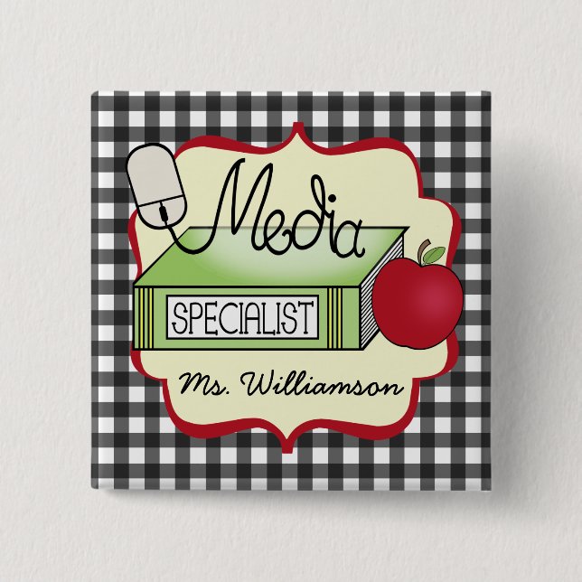 School Media Specialist - Grey Gingham 2 Inch Square Button (Front)