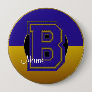 School Monogrammed Button, Blue-Gold Letter B 4 Inch Round Button