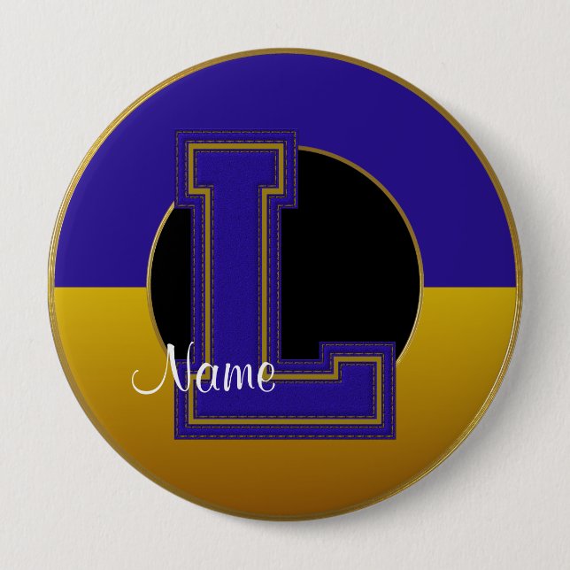 School Monogrammed Button, Blue-Gold Letter L 4 Inch Round Button (Front)