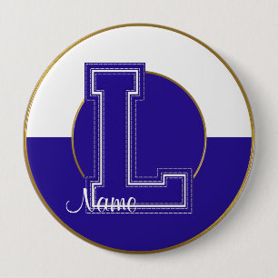 School Monogrammed Button, Blue-White Letter L 4 Inch Round Button