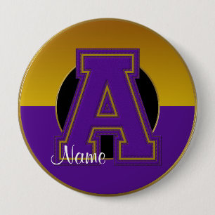 School Monogrammed Button, Purple-Gold Letter A 4 Inch Round Button