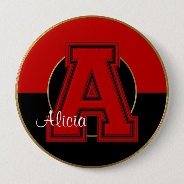 School Monogrammed Button, Red-Black Letter A 4 Inch Round Button (Front)