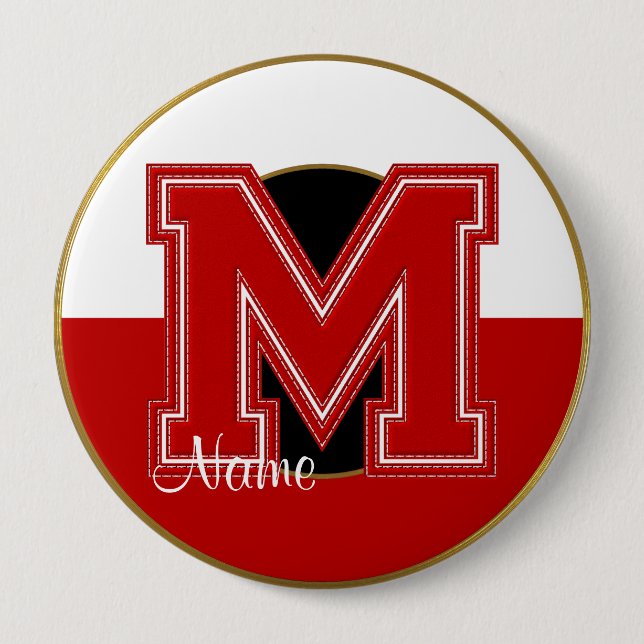 School Monogrammed Button, Red-White Letter M 4 Inch Round Button (Front)