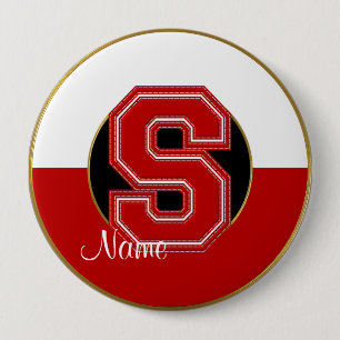 School Monogrammed Button, Red-White Letter S 4 Inch Round Button