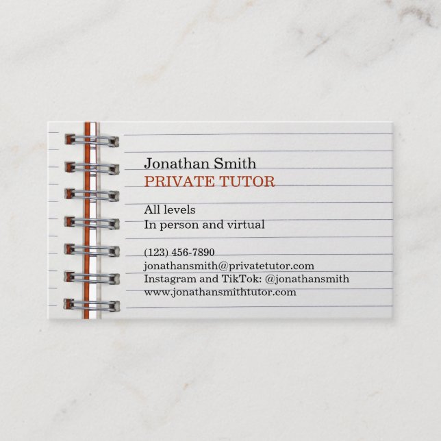 School Notebook Private Tutor Business Card (Front)