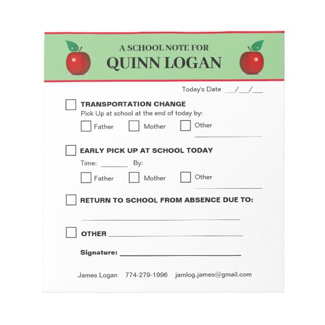 School Notepad for Quinn Logan (Front)