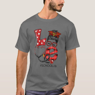 School Nurse Plaid Leopard Love Heart Messy Bun RN T-Shirt