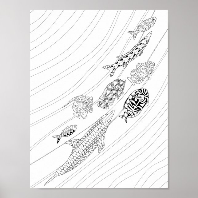 School Of Fish Adult Colouring Poster (Front)