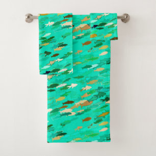 School of Fish, Aqua, Green and Gold Bath Towel Set