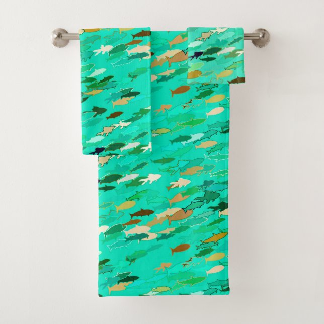 School of Fish, Aqua, Green and Gold Bath Towel Set (Insitu)