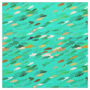 School of Fish, Aqua, Green and Gold Fabric