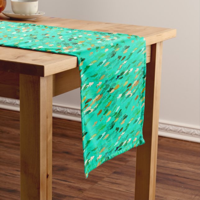 School of Fish, Aqua, Green and Gold Short Table Runner (In Situ)