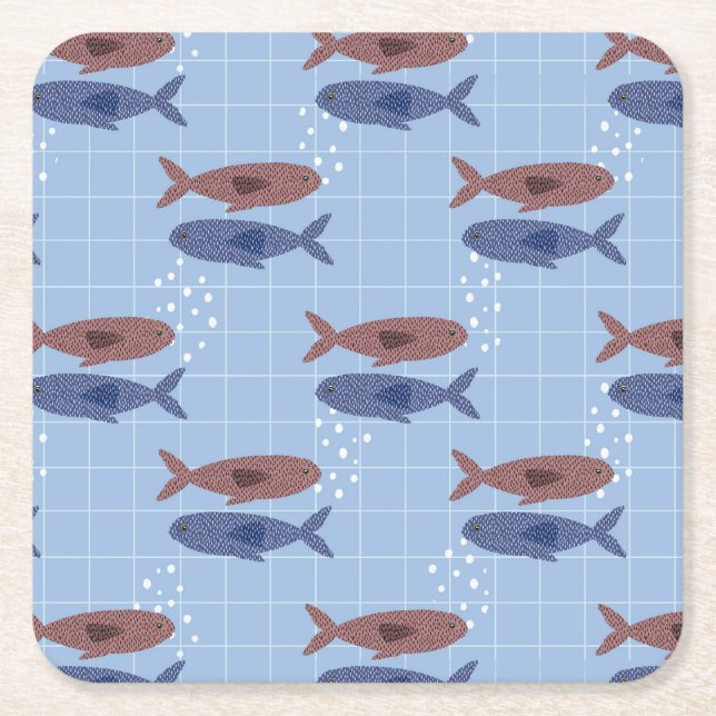 School of Fish Blue Grid Pattern Notebook Square Paper Coaster (Front)