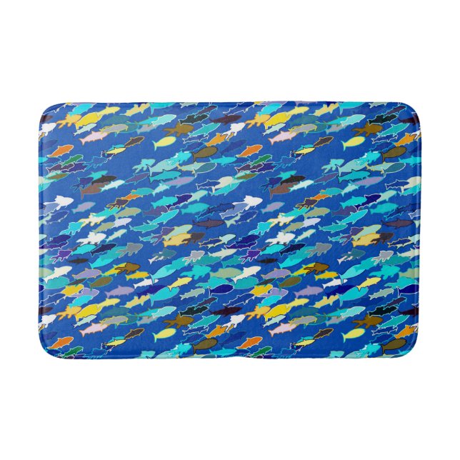 School of Fish, Dark Blue, White and Turquoise Bath Mat (Front)