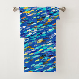 School of Fish, Dark Blue, White and Turquoise Bath Towel Set