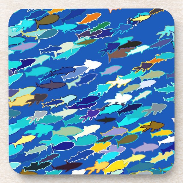School of Fish, Dark Blue, White and Turquoise Coaster (Front)