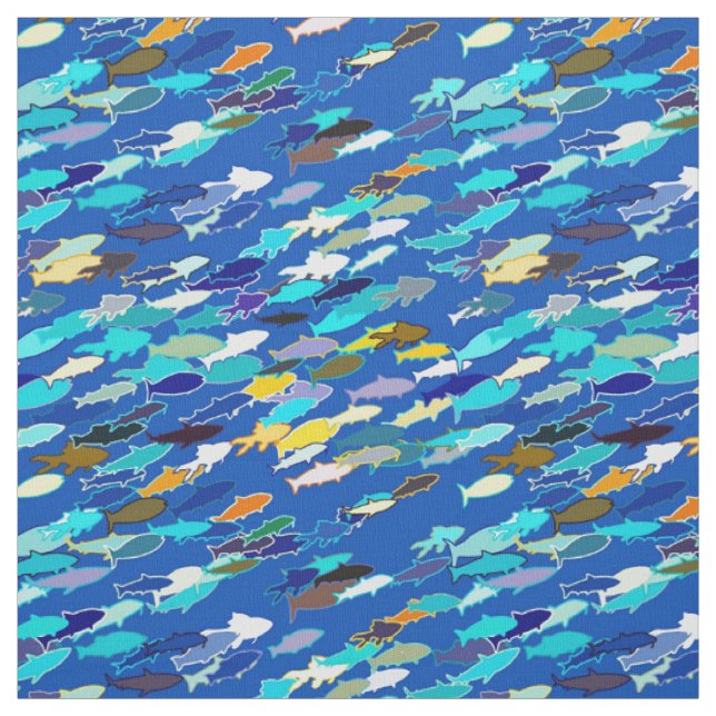 School of Fish, Dark Blue, White and Turquoise Fabric (Swatch)