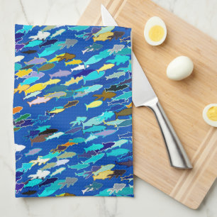 School of Fish, Dark Blue, White and Turquoise Kitchen Towel