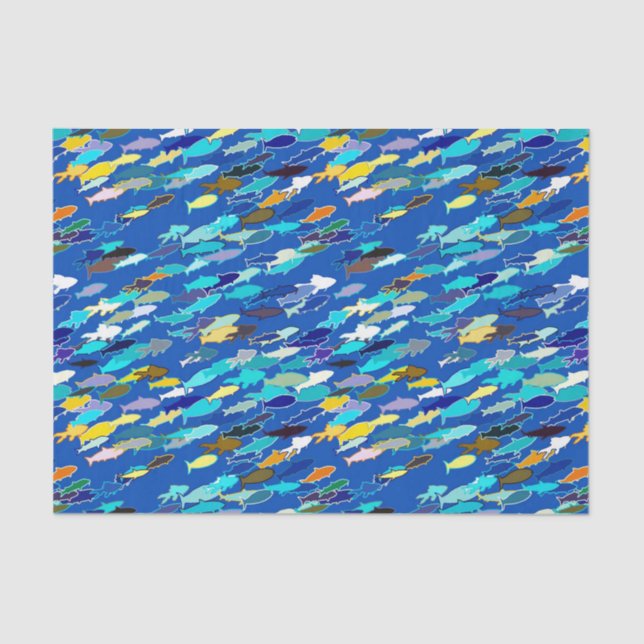 School of Fish, Dark Blue, White and Turquoise Tissue Paper (Front)