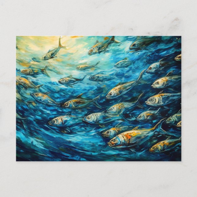 School of Fish in Expressive Ocean Painting Postcard (Front)