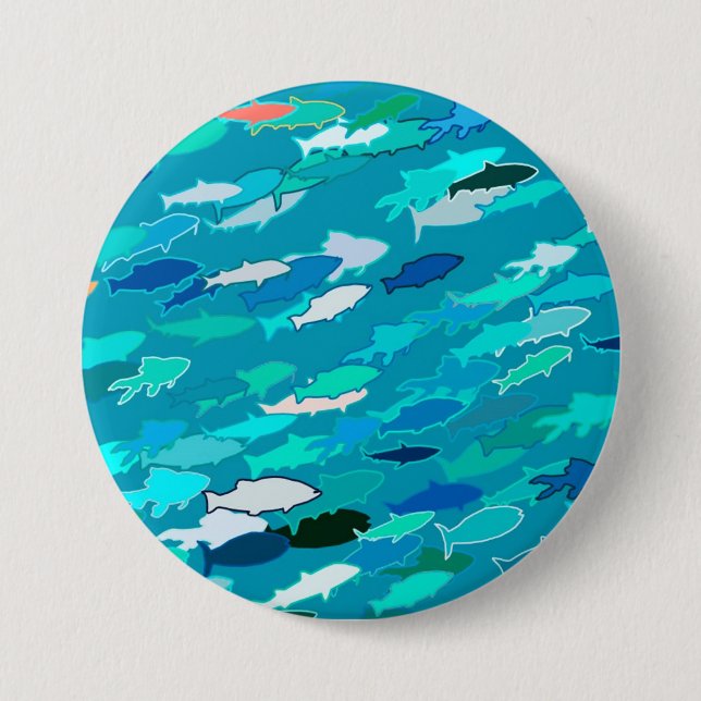 School of Fish, Turquoise,  Blue and Aqua  3 Inch Round Button (Front)