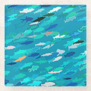School of Fish, Turquoise,  Blue and Aqua  Glass Coaster