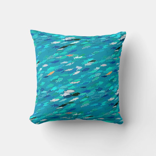 School of Fish, Turquoise,  Blue and Aqua  Throw Pillow (Front)