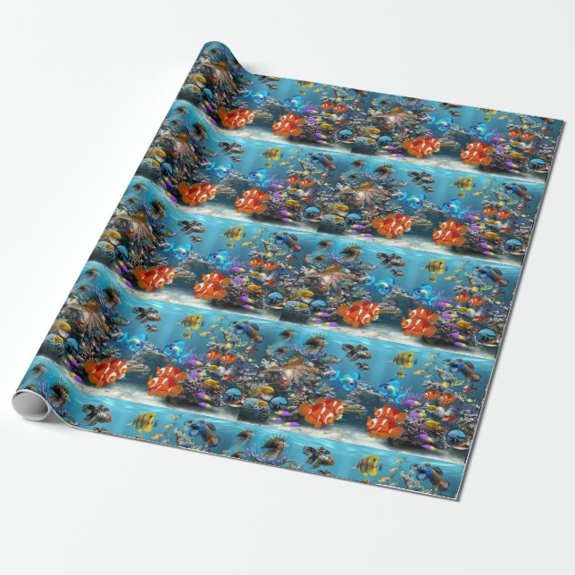 School of Fish Wrapping Paper, Aquarium Wrapping Paper (Unrolled)