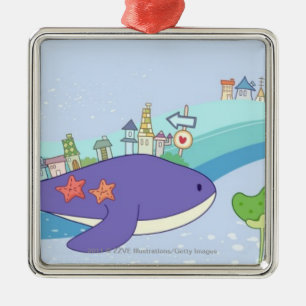 School of fishes swimming in underwater town metal ornament